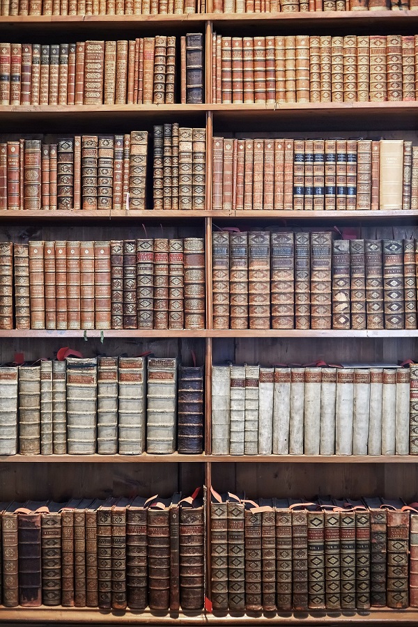 Livres anciens dans une bibliothèque-musée sur des étagères en bois